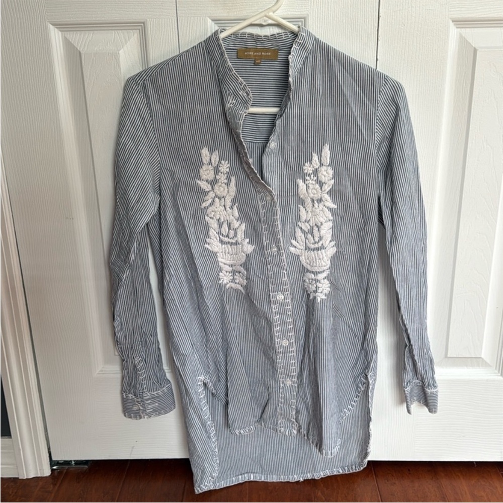 Rose & Rose Blue and White Embellished Long Sleeve Button Down